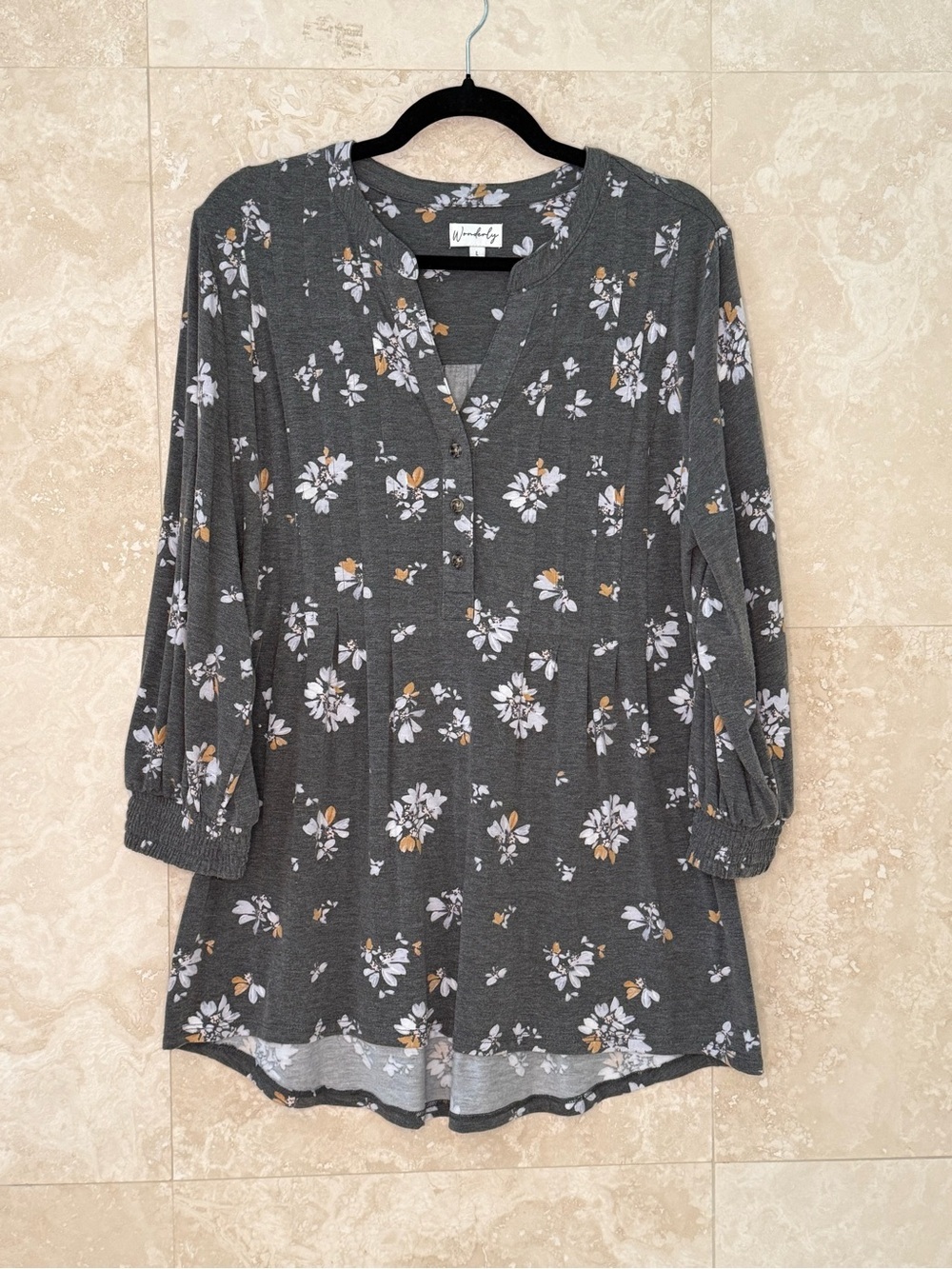 Wonderly Gray Floral Long Sleeve Button Henley Top Size L Super Soft